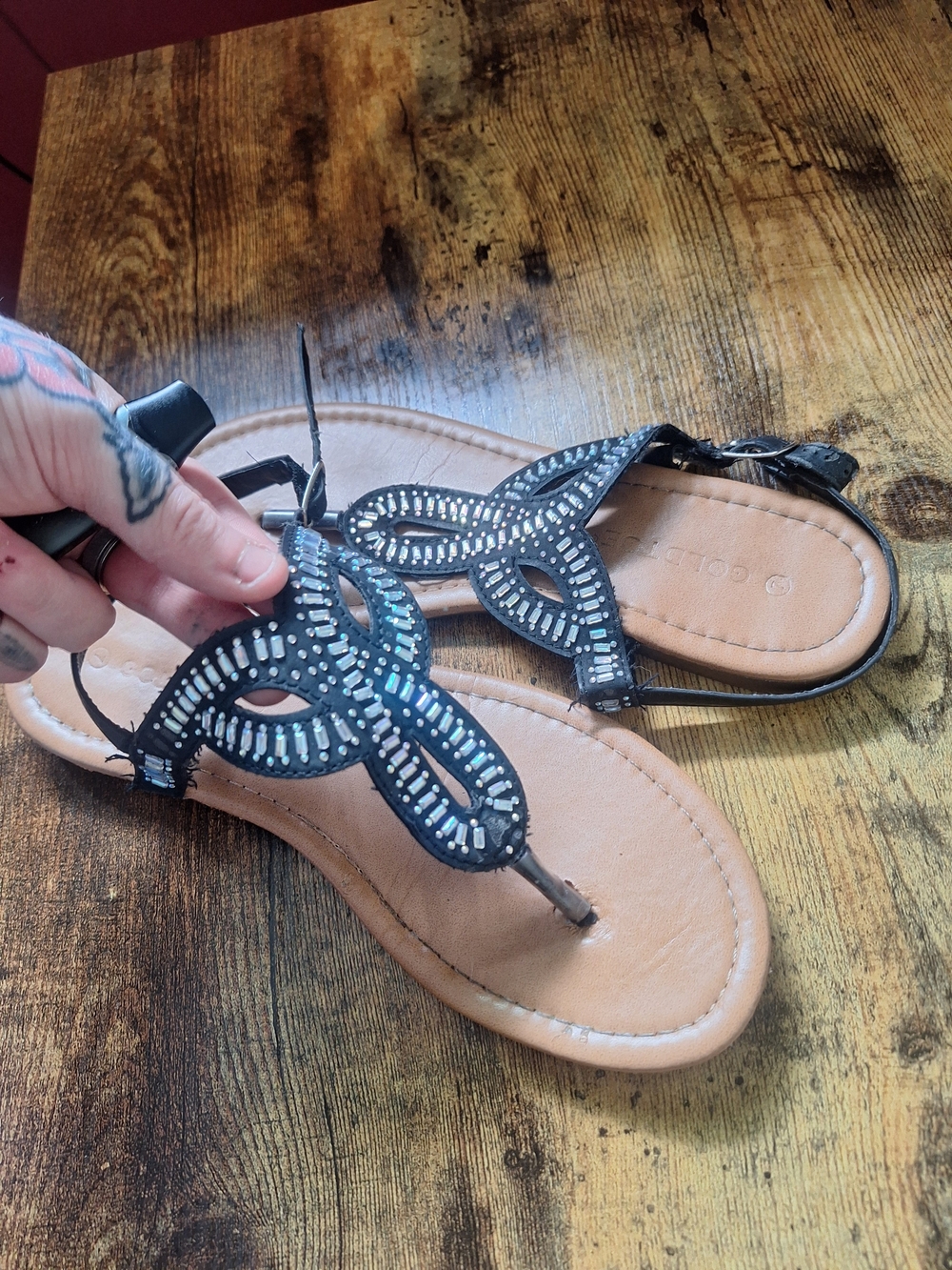 Black Beaded Women's T-Strap Sandals - Elegant Summer Style